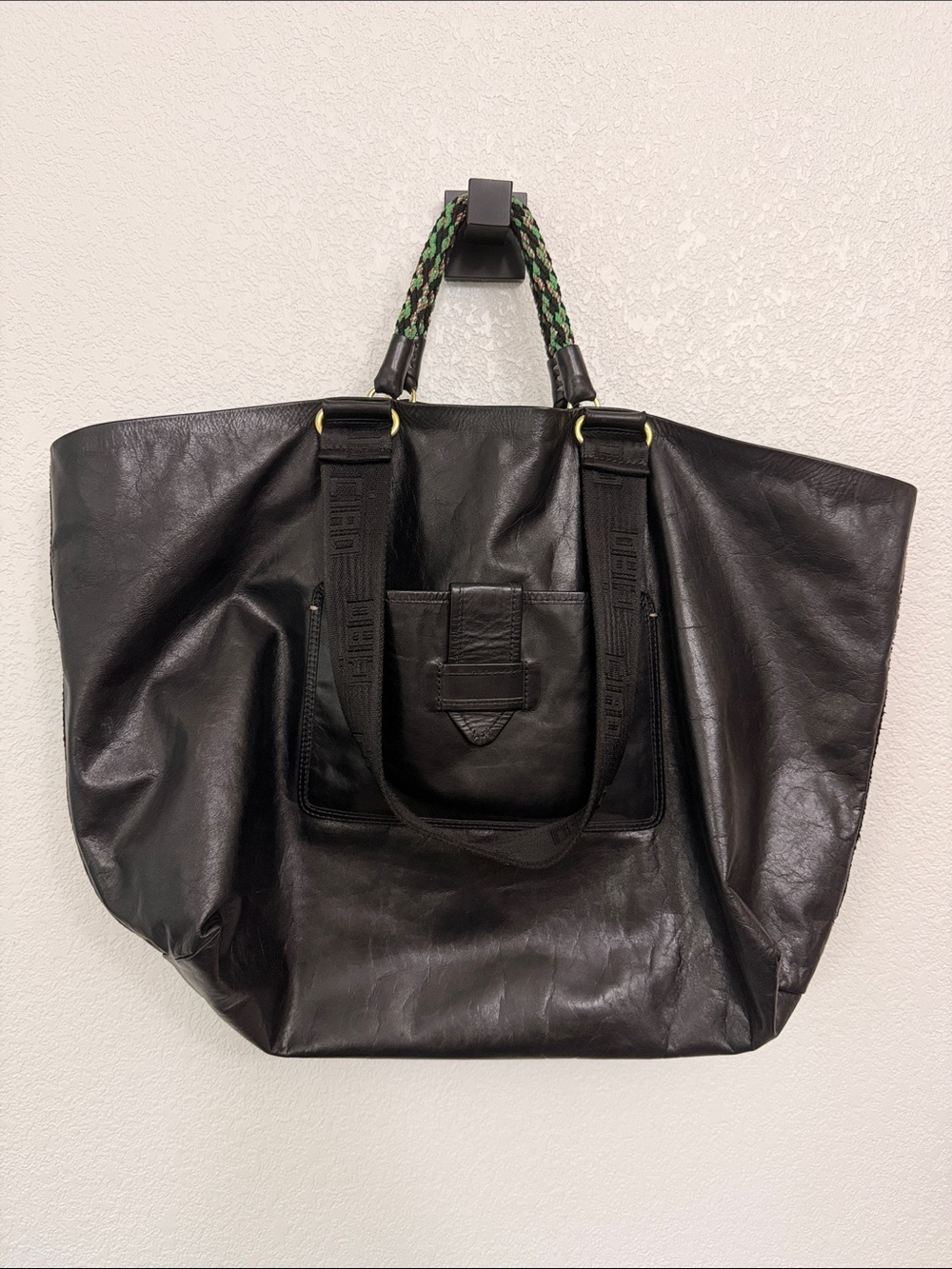 Clare V Black Grand Bateau with Green Braided Handles